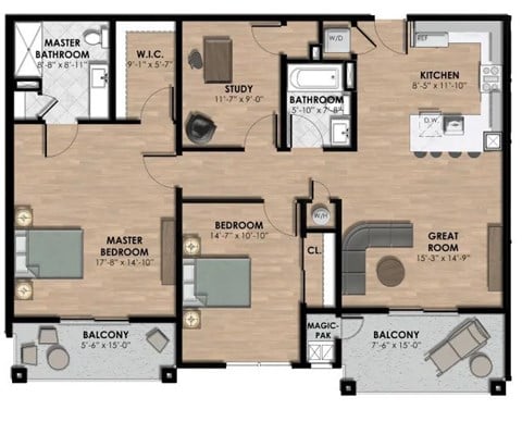 Two bedroom two bath apartment with den and two balconies
